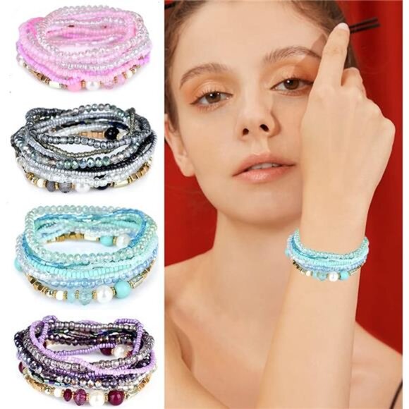 Bohemian Bracelets Set Women Stackable Bead Bracelets Multi Layered Jewelry - Picture 5 of 7